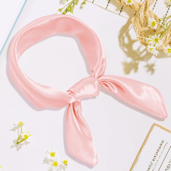 Women Light Pink Chiffon Square Ribbon Neck Scarf Satin Handkerchief Halloween - Picture 6 of 7